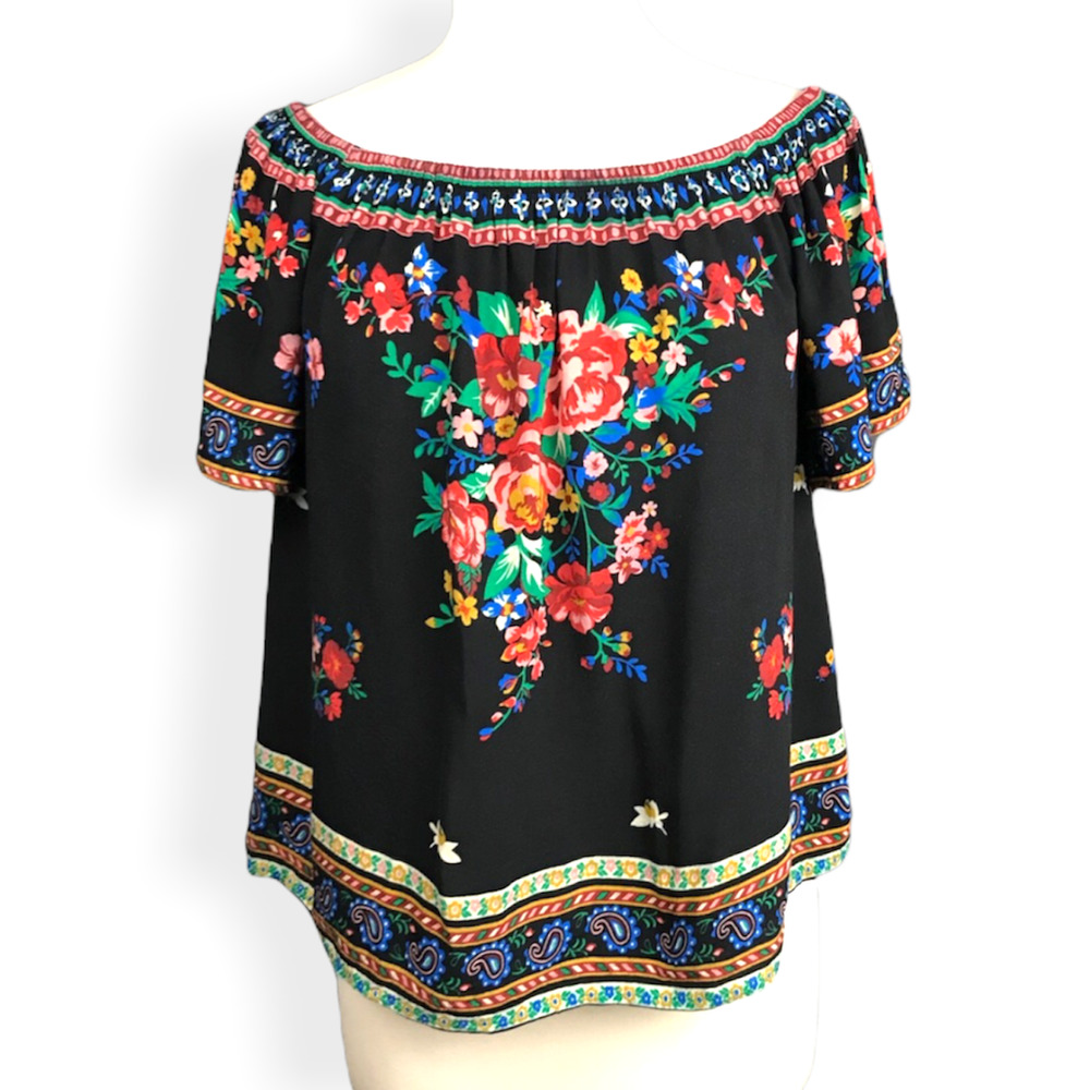 Flying Tomato Floral Off the Shoulder Top Medium Black Floral Print Shirt